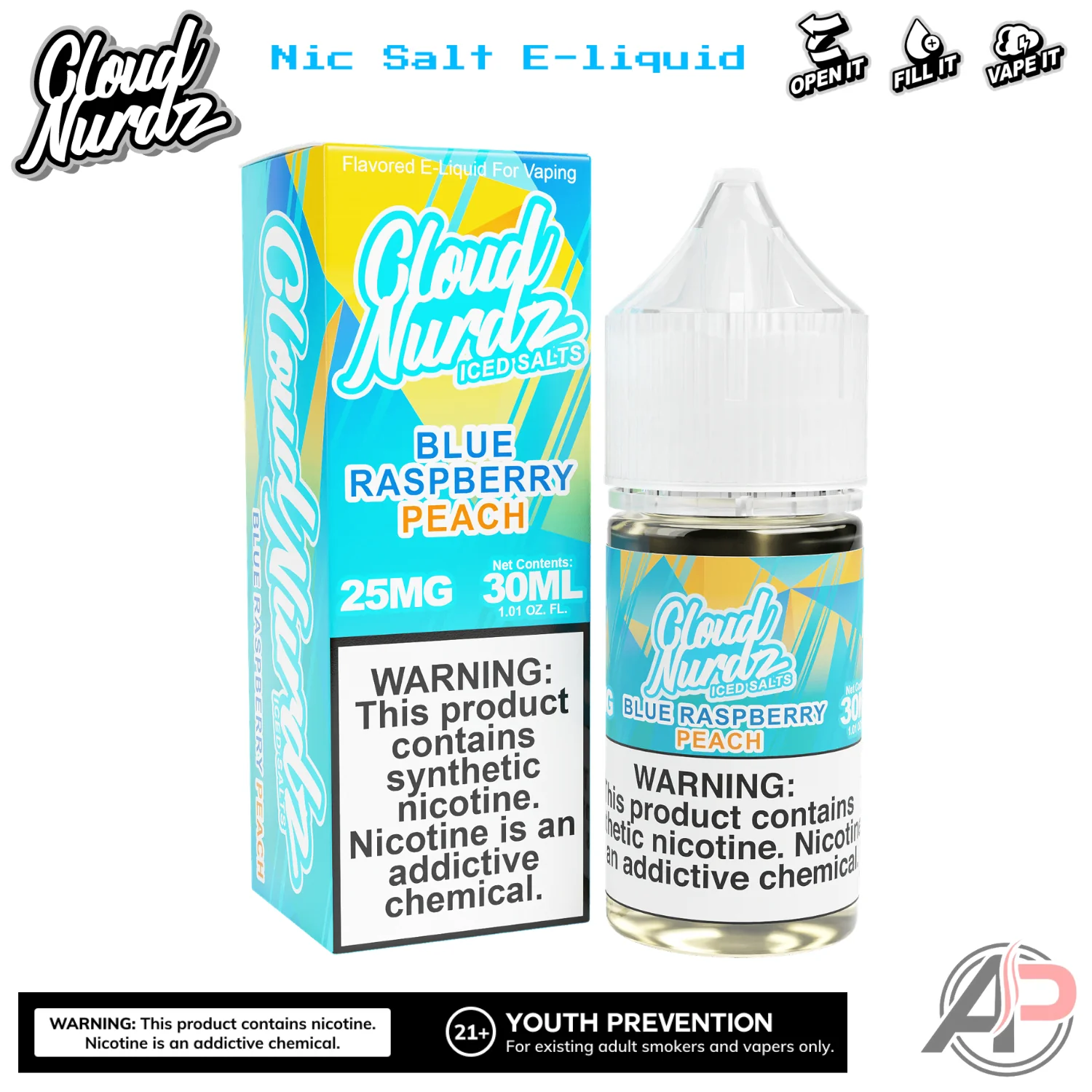 Cloud Nurdz Blue Raspberry Peach Iced E-Liquid 100mL - Image 2