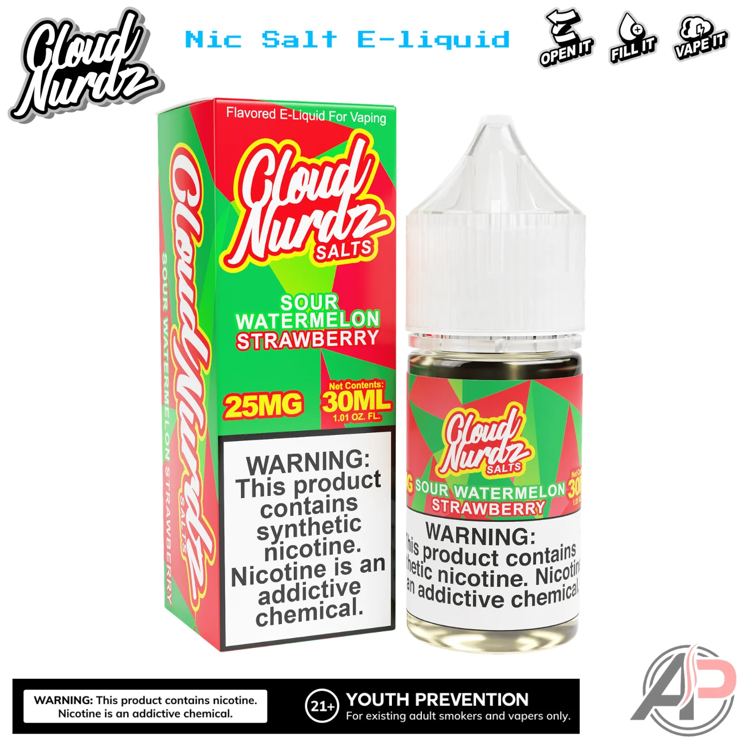 Cloud Nurdz Sour Watermelon Strawberry E-Liquid 100mL - Image 2