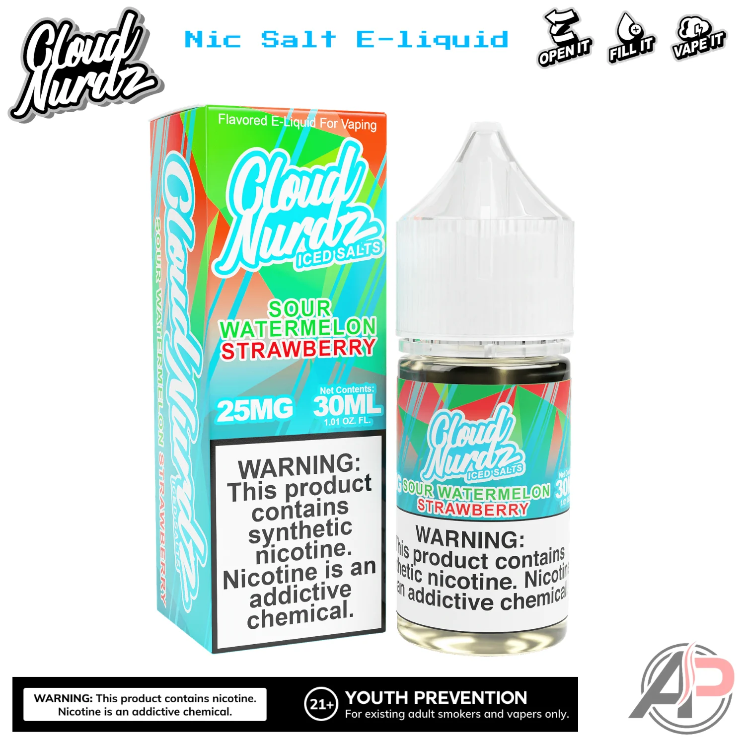 Cloud Nurdz Sour Watermelon Strawberry Iced E-Liquid 100mL - Image 2