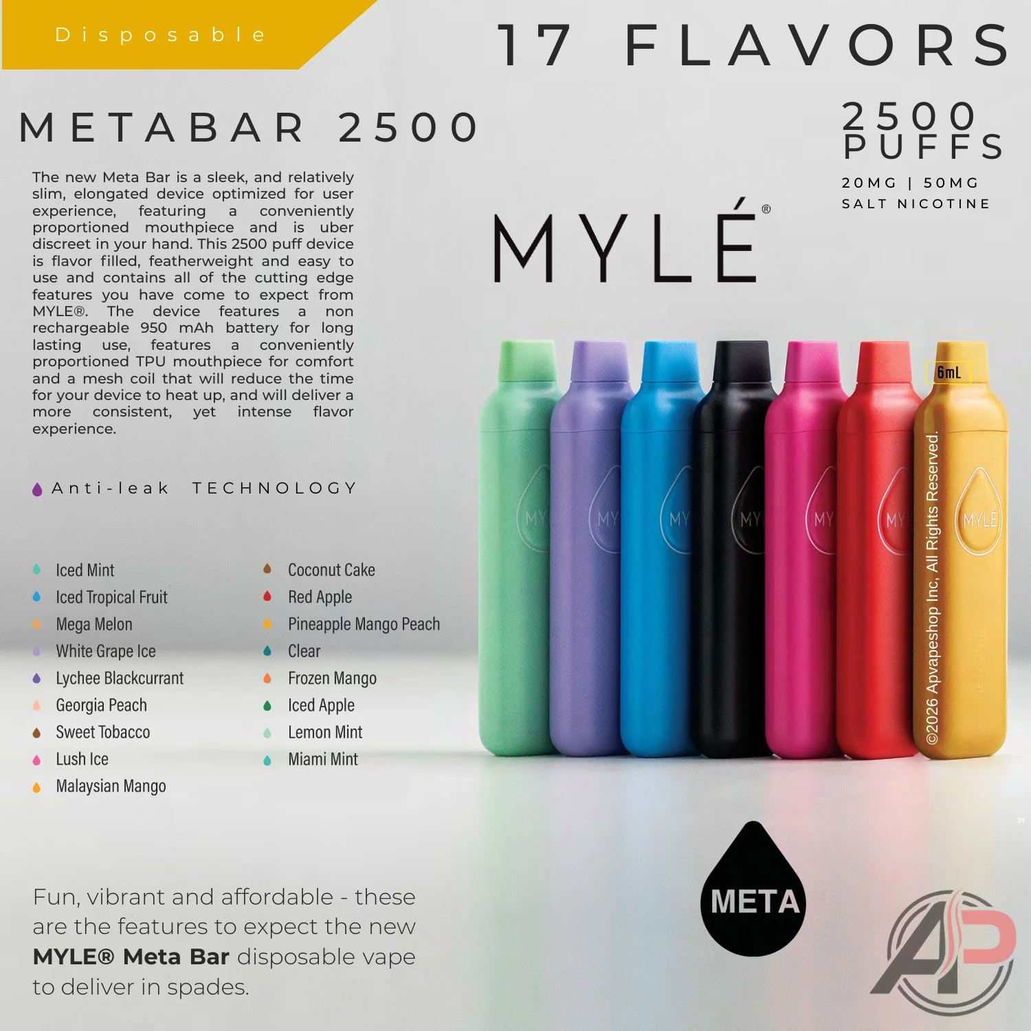 Myle Meta Bar Vape 2500 Puffs Vape Disposable Device - Image 2