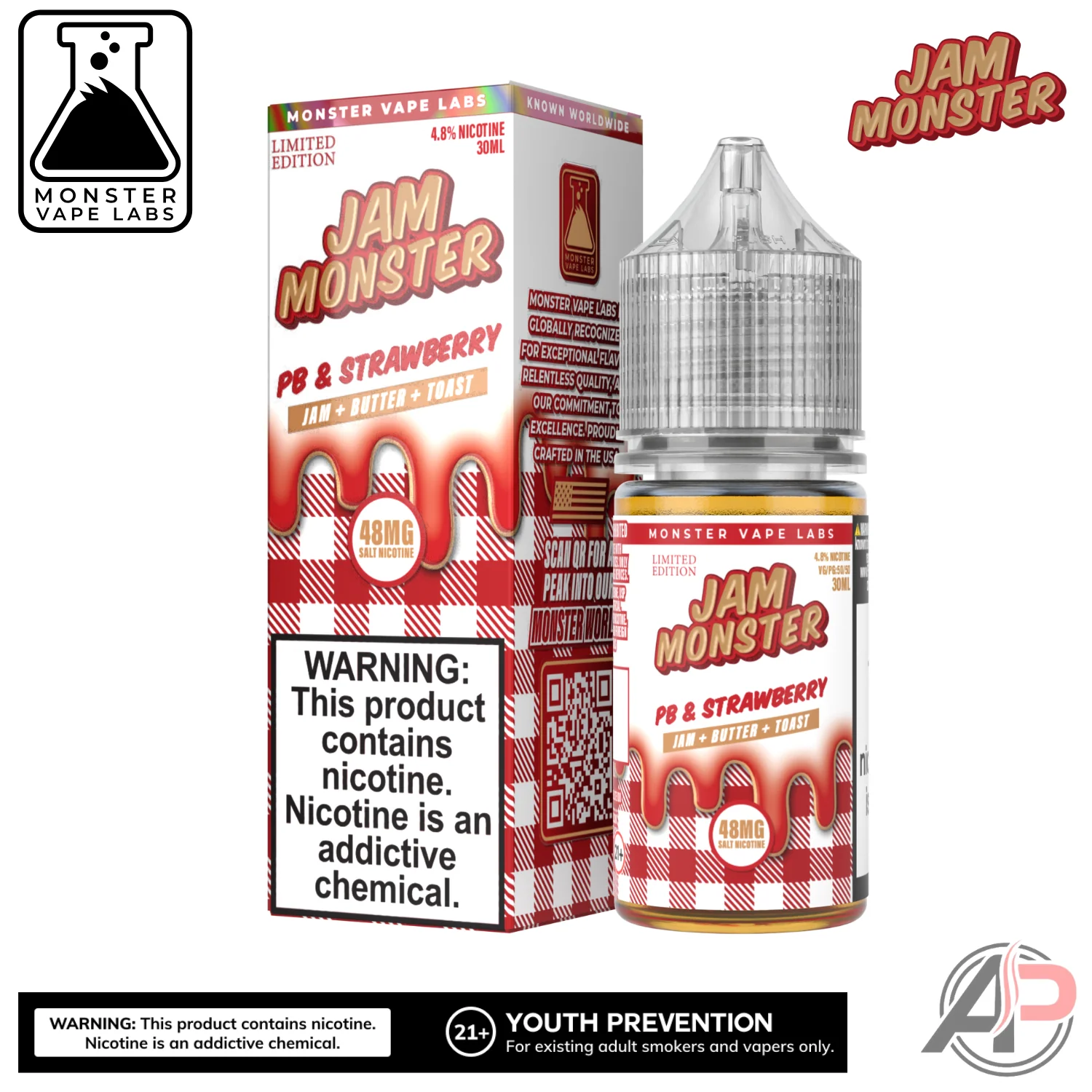 PB & Strawberry E-Liquid By Jam Monster Vape Labs 100mL - Image 2