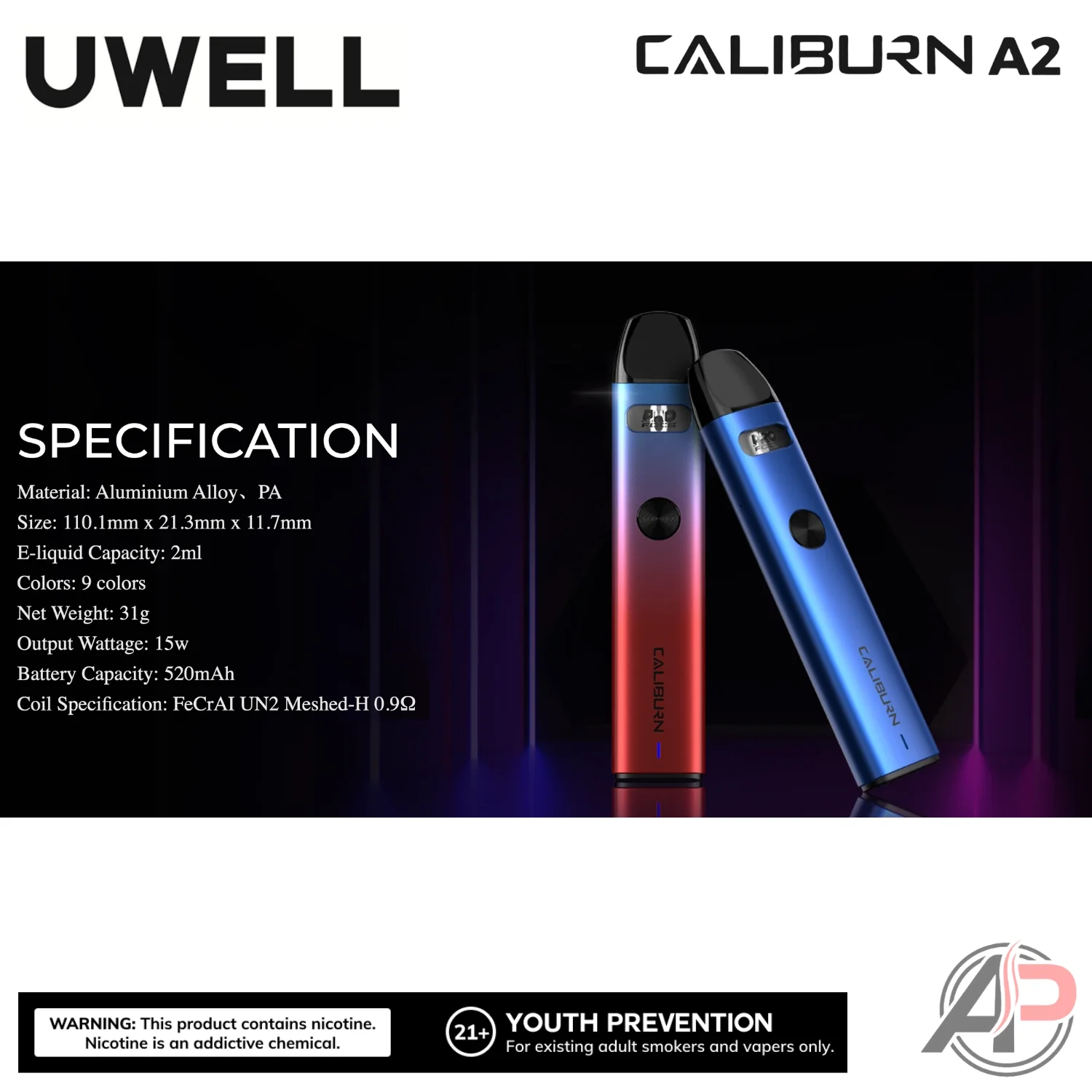 Uwell Caliburn A2 15W Pod System Starter Kit Device - Image 3