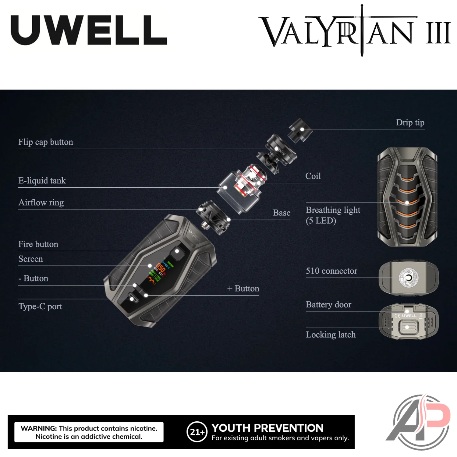 Uwell Valyrian 3 200W Box Mod Starter Kit Device - Image 6