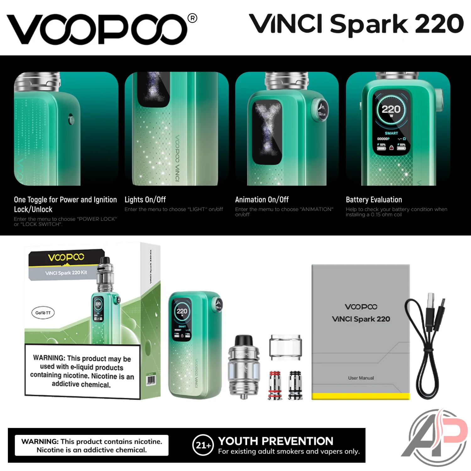 Voopoo Vinci Spark 220W Box Mod Starter Kit Device - Image 4